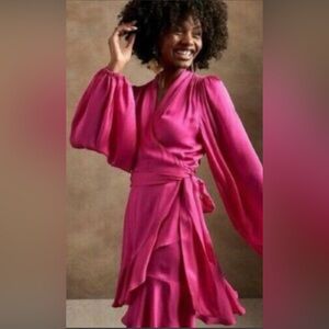 Banana Republic Ruffle Wrap Mini Dress M NWT Bright Peony Pink